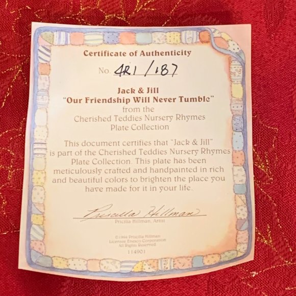 Cherished Teddies - Jack and Jill - Nursery Rhyme - Hanging Plate - Picture 7 of 7